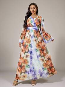 Modelyn Plus Size Women Floral Print V-Neck Cross Wrap Elegant Long Sleeve Dress - Multicolor - View 6