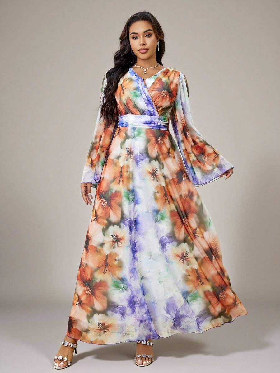 Seusyu Plus Size Women Floral Print V-Neck Cross Wrap Elegant Long Sleeve Dress - Multicolor - View 1