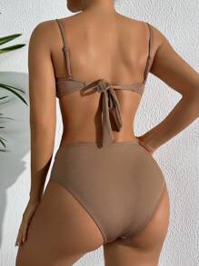 Swim Vcay 女士夏季海滩纯色罗纹针织贝壳和海星装饰肩带可拆卸比基尼上衣和三角裤休闲度假泳衣套装 - 棕色 - 查看 4