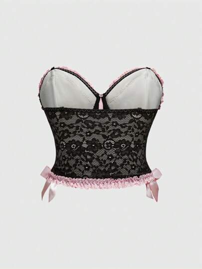 Kawaii Plus Size Women Top With Lace Trim, Fishbone Stitching, Spaghetti Strap, Bow Decor, Sleeveless