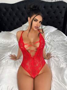 SHEIN Women's Solid Color Lace Spaghetti Strap Sleeveless Sexy Romper - Red - View 5