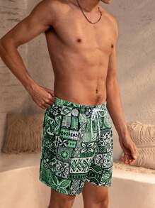 Manfinity VDAYZ Men's Beach Vacation Print Drawstring Swim Trunks (Messy Print) - Green - View 5