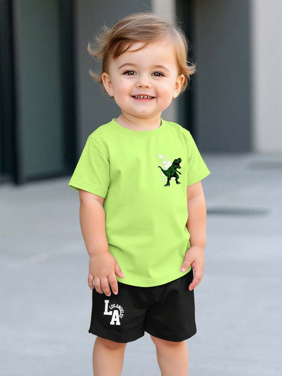 Leap Crew Conjunto de camiseta de manga corta con cuello redondo y estampado de dinosaurios y pantalones cortos con estampado gráfico de nombre de ciudad, estilo casual y elegante para bebé niño, apropiado para primavera/verano - Multicolor - Ver 1