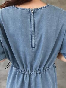 FRIFUL Damen Sommer lässiges Denim Kleid mit Tunnelzug in der Taille