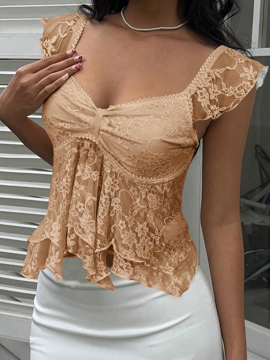 SHEIN EZwear Áo thun nữ màu kaki thanh lịch, cổ vuông, tay ngắn, viền ren xếp ly, thích hợp cho mùa hè. - Màu Khaki - Xem 1