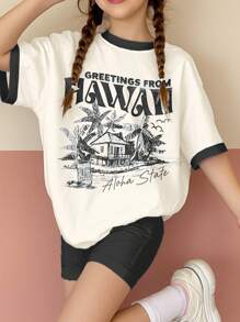 Set de 2 piezas de camiseta de manga corta y pantalones cortos casuales para niñas preadolescentes, adecuado para el verano