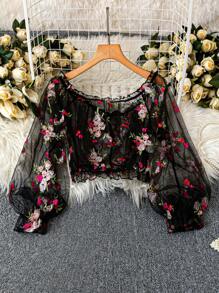 Rometta Romantic Date  Plus Size Off Shoulder Floral Mesh Embroidered Sheer Loose Elegant Fashion Puff Sleeve Long Sleeve Cover Up Lace Cover Up, Summer Fall Cloth For Women - Multicolor - View 1