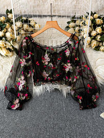 DreamSkyne Romantic Date  Plus Size Off Shoulder Floral Mesh Embroidered Sheer Loose Elegant Fashion Puff Sleeve Long Sleeve Cover Up Lace Cover Up, Summer Fall Cloth For Women