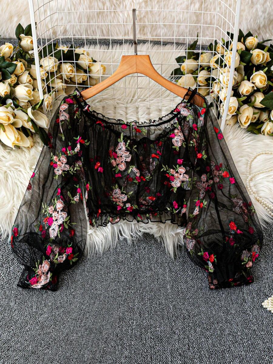 Rometta Romantic Date  Plus Size Off Shoulder Floral Mesh Embroidered Sheer Loose Elegant Fashion Puff Sleeve Long Sleeve Cover Up Lace Cover Up, Summer Fall Cloth For Women - Multicolor - View 1