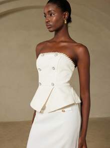GENKIRA Women's Elegant Textured Bustier With Faux Pearl Buttons, Fitted - Beige - View 5