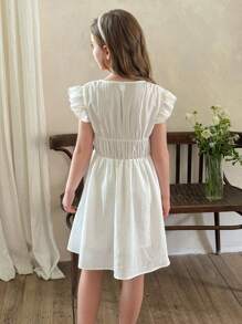 LMoss Kids Tween-Mädchen Einfarbiges, figurbetontes Lässig Kleid mit V-Ausschnitt - Weiss - Übersicht 2