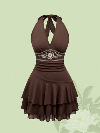 The White Lotus Vestido corto de halter con detalle de bordado y dobladillo en capas para mujer