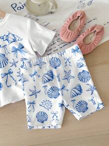SHEIN 2 件套可爱海洋生物、贝壳、蝴蝶结印花休闲夏季服装 - 适合年轻女孩的短袖上衣和短裤套装，非常适合度假、海滩周末、可爱夏季服装、夏季儿童用品、韩式风格、海滩模式、夏季出游物品 - 彩色 - 查看 5
