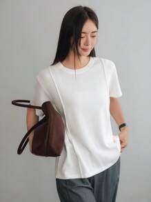 Dazy-Less 女士圆领宽松休闲商务拼布短袖T恤上衣，夏季 - 白色 - 查看 7