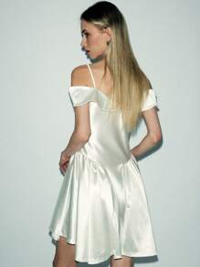 Lumivelle Women's Solid Color Ruffle Off-Shoulder Elegant Satin Dress - White - View 2