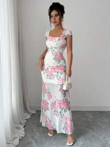 Selianne 女式花卉印花荷叶边修身优雅连衣裙