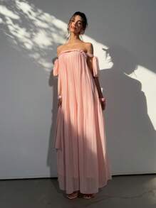 Aloruh Women's Spring & Summer Vacation Bohemian Off Shoulder Flowy Chiffon Pleated Rope Bowknot Sleeveless Loose A-Line Maxi Dress, Pink - Coral Pink - View 5