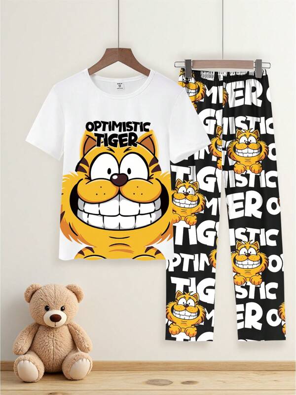 2pcs/Set Teenage Boy White Tiger Print Crew Neck Short Sleeve Top & Black Loose Fit Casual Long Pants Knit Fabric Comfortable Homewear Sets