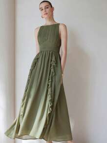 Aveloria Modichic Vestido maxi de gasa elegante y sencillo con cuello de un solo hombro, diseño de talle plisado y sin mangas. Vestido romántico de un solo color para vacaciones y citas - Verde militar - Ver 5