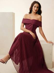 Anewsta Off-Shoulder Kleid mit geraffter Taille, französischer Stil mit Falten - Bordeaux - Übersicht 4