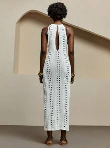 Bóhologie KOMFORTABLER Neckholder-Rückenfreier Binde-Knoten Cut Out-Out gehäkelter Maxi-Strick-Cover-Up für Sommer-Strandbekleidung