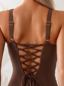 Shapewave Women's Slimming Elegant Brown Drawstring One Piece Swimsuit