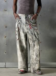 NEON BLANC Men Street Style Chain Print Personalized Pants, Streetwear-Inspired, Fall - White - View 2