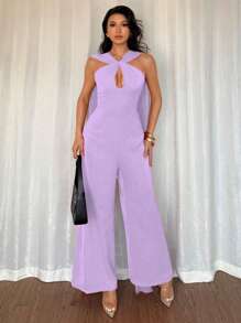 Chiquease Elegant Gathered Waist & Twisted Detail Open Back Jumpsuit, Red Color, Fashionable For Women, Spring/Summer - Purple - View 5