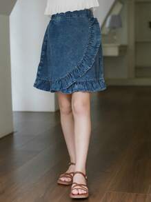 Tween 女童 2025 年春夏新品，独特交叉装饰优雅荷叶边下摆 A 字裙，时尚百搭又甜美，适合日常活动、外出和社交聚会 - 中等水洗藍 - 查看 5