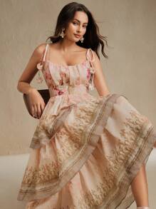 Anewsta Damen A-Linien Kleid im Urlaubsstil mit schmalem Schnitt, 3-lagig, mit Blumen-Trägern, Vielblumenmuster