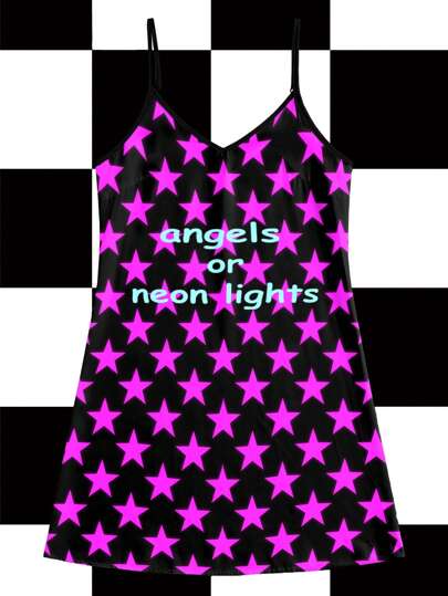 Maria Clara Maia Loose A-Line Mini Dress For Women, Black, Purple, Contrasting Colors, Star, Slogan, Party Girl, Y2K Style, Casual, Suitable For Vacation, Spring/Summer, EDC, Music Festival Women Short Dresses Summer 90s Dress Night Out Dress Nice Dress For Women Rave Outfits Women Club Going-Out Back To School 2000s Style Graphic Tops Summer Dresses For Women Club Outfits Women Sexy