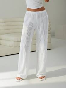 SHEIN EZwear 女士休闲纯色松紧腰长裤 - 白色 - 查看 1