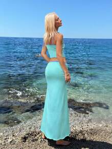 SHEIN ICON Bộ áo yếm màu tương phản Hawaii Teal cho kỳ nghỉ hè & váy ngắn bó cạp thấp - Màu xanh Bạc hà - Xem 2