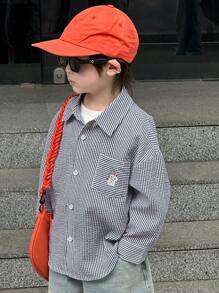 Dazy Kids 小男孩卡通兔子条纹长袖单排扣口袋休闲衬衫，秋季 - 藏蓝色 - 查看 7