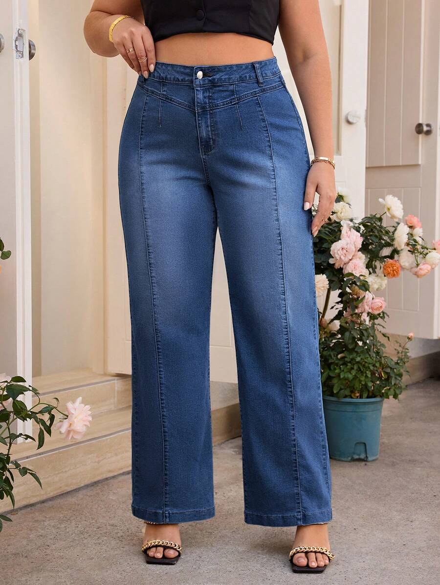 SHEIN Clasi Quần Jeans Denim Rộng Cỡ Lớn Cho Nữ - Rửa trung bình - Xem 1