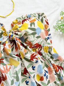 Soleia 女士节日套装：水彩蜡笔印花荷叶边上衣，正面系带，搭配休闲短裤。适合度假、派对、约会、下午茶、海滩 - 可作为外套或叠穿