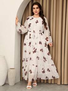 Graceveil Plus Size Spring/Summer Floral Print Chiffon Loose, Conservative And Elegant Dress - Multicolor - View 6