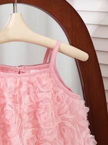 Girls' Summer Pink Fairy Flower Girl Dress,3D Floral Mesh Sleeveless Round Neck Slip Dress,Elegant Kids Casual Stylish Outfits For Daily Outings - Pink - View 4