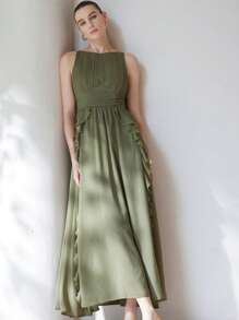 Aveloria Modichic Vestido maxi de gasa elegante y sencillo con cuello de un solo hombro, diseño de talle plisado y sin mangas. Vestido romántico de un solo color para vacaciones y citas - Verde militar - Ver 6