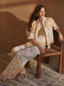 MOTF PREMIUM SCHIFFY FLORAL PRINT LACE TRIM WIDE LEG SUIT PANTS - Multicolor - View 7