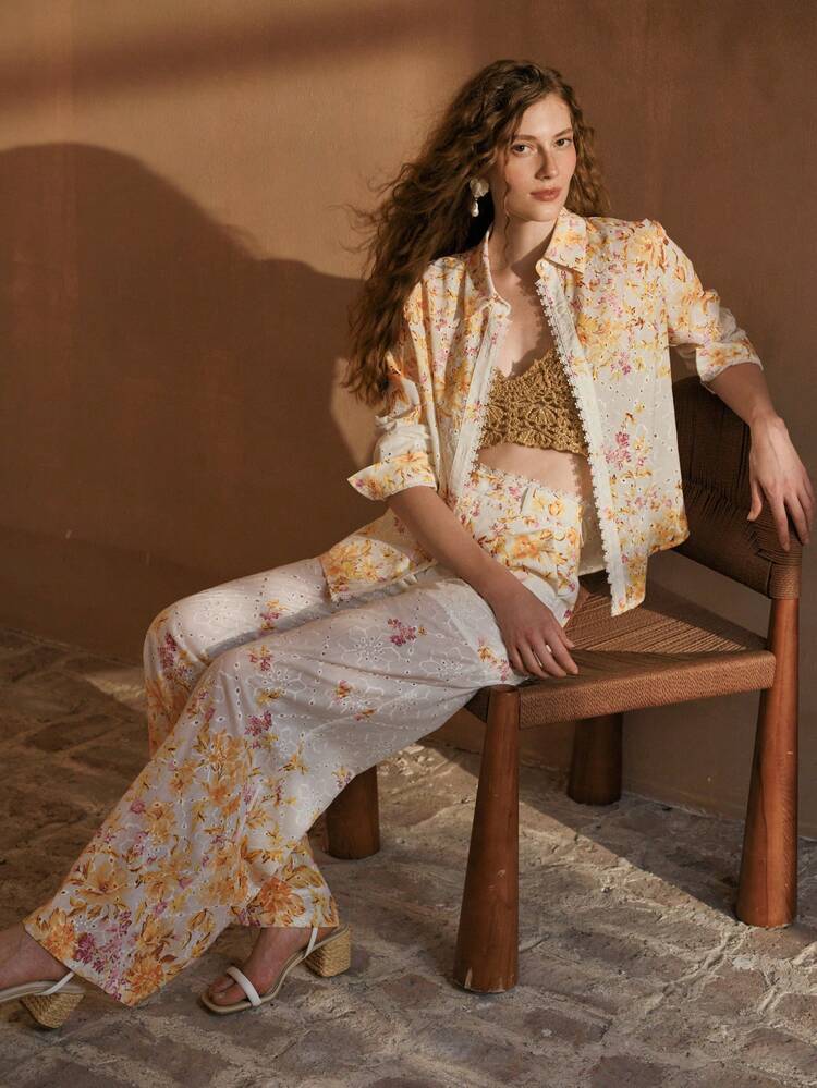 SCHIFFY FLORAL PRINT LACE TRIM WIDE LEG SUIT PANTS