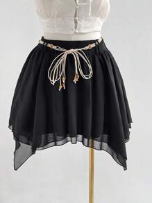 Flirla Plus Size High Waist Asymmetrical Ruffle Hem Mini Skirt For Women, Stylish Design, Versatile, Paired With Beaded Belt, Summer Casual Beach Boho Elegant Boho - Black - View 6