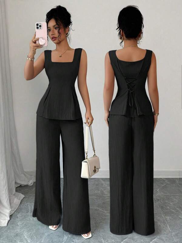 Elenzga Conjunto nuevo de primavera/verano 2025 de 2 piezas: Top de tirantes de cuello cuadrado con lazo + Pantalones de pierna ancha, conjunto elegante y casual a juego
