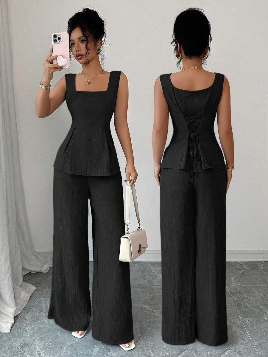 Elenzga 2025春夏新款2件套：方领吊带背心+阔腿裤，优雅休闲搭配套装 - 黑色 - 查看 1
