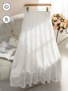 Mulvari 春夏中长款棉质抽绳腰绣花女士半身裙 - 白色 - 查看 4
