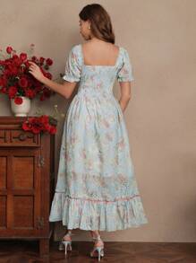 Anewsta Savoree 浪漫花卉刺绣长裙，褶皱领口，荷叶边饰边和领带细节，适合度假、生日和各种场合，春夏季 - 藍色 - 查看 3