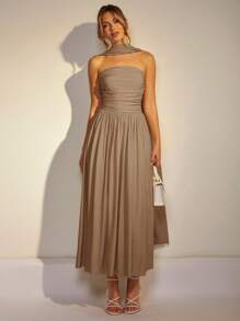 COSMINA Women's Solid Color Splicing Ruffle Trim Elegant Dress - Brown - View 6