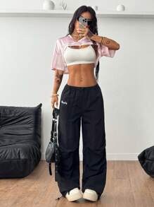 Coolane 女士网眼拼接缎面印花短袖短款绿色上衣