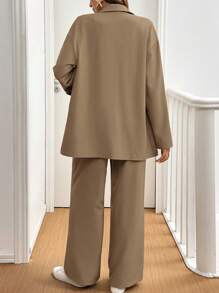 SHEIN Frenchy 女士两件套纯色卷袖纽扣衬衫和裤子，休闲装 - 駝色 - 查看 2