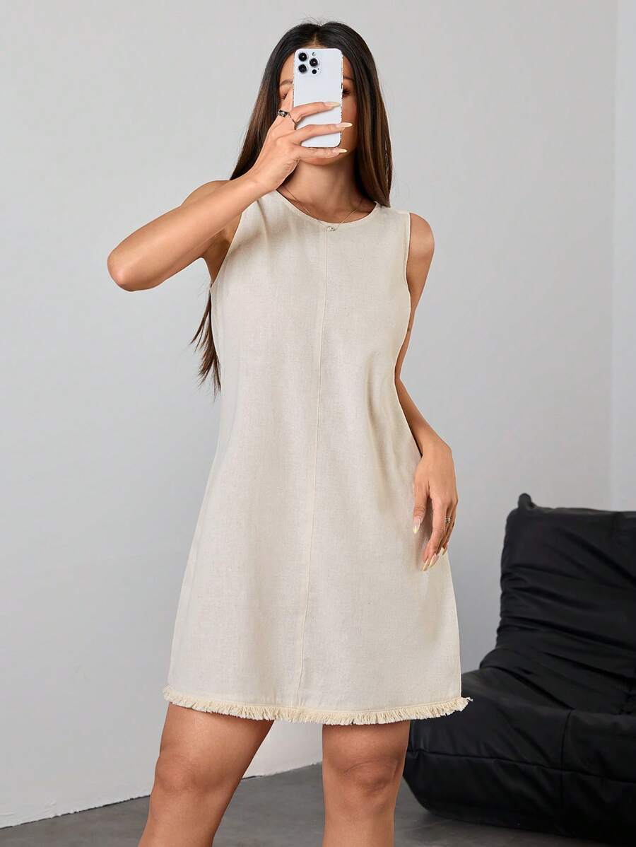 女士亚麻简约休闲无袖圆领迷你连衣裙，夏季演唱会服装，适合返校穿着 - 米色 - 查看 1
